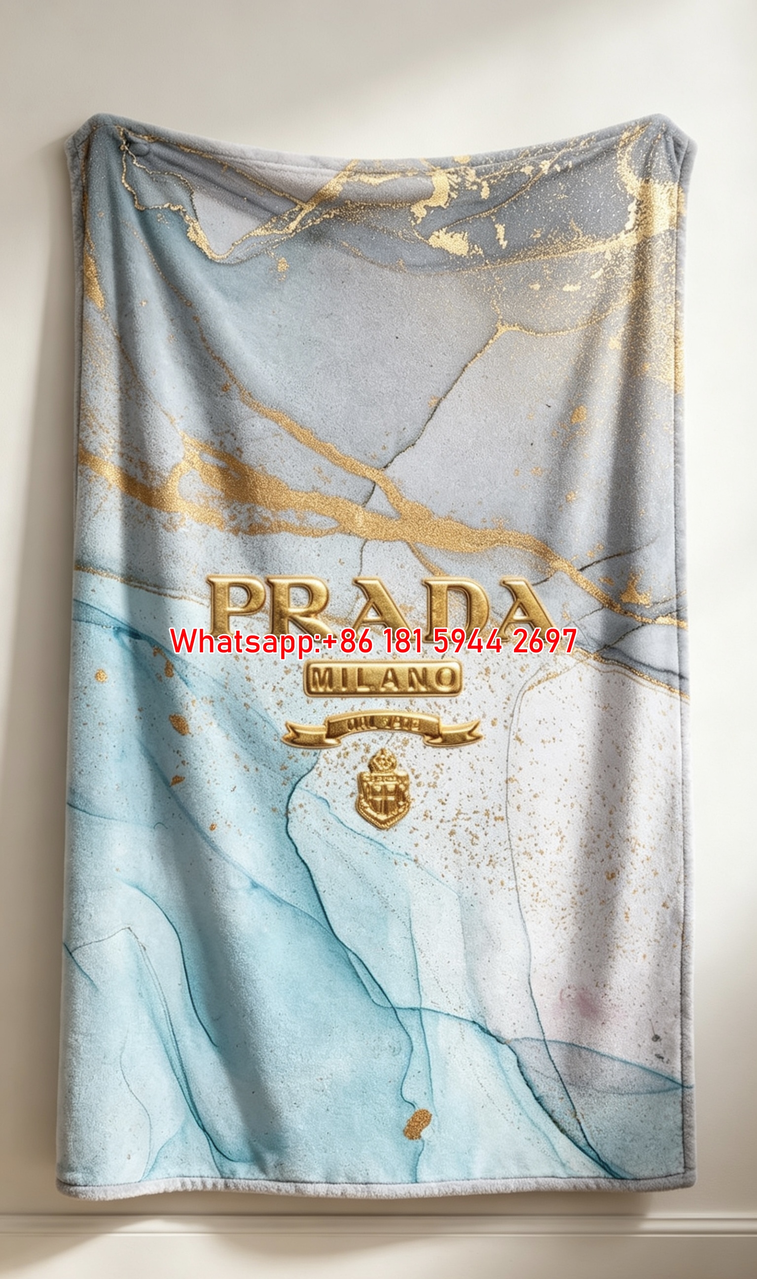 Prada Light Blue and Gold Marble Print Flannel Throw Blanket IMG_2771